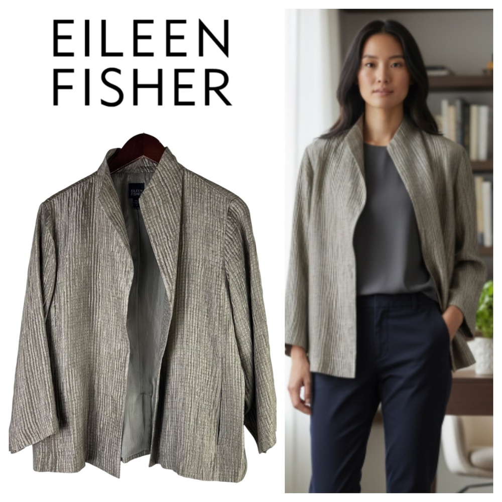 Eileen Fisher Open Blazer Jacket Medium 8 10 Gray Tan SILK Quilted Career Party